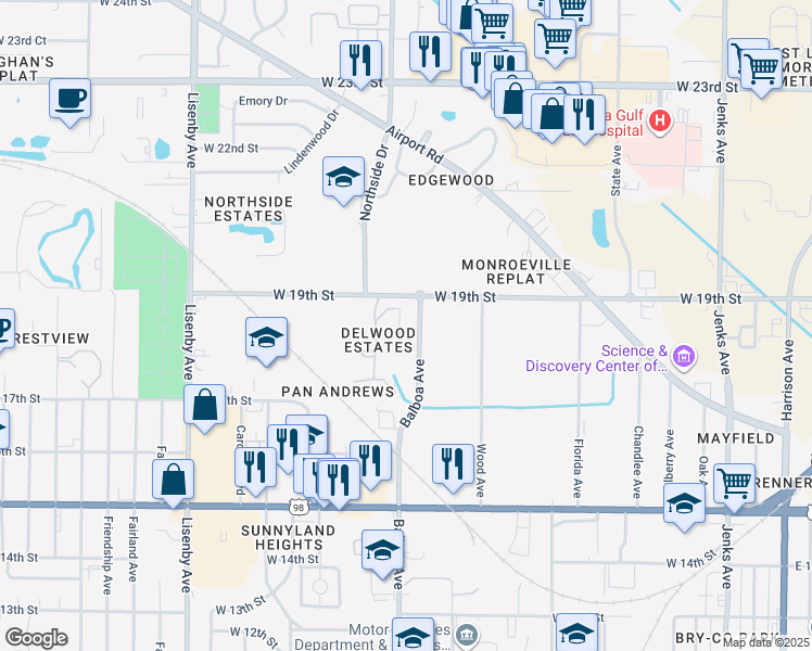 map of restaurants, bars, coffee shops, grocery stores, and more near 1025 19th Street in Panama City