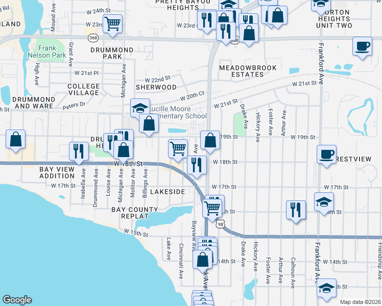 map of restaurants, bars, coffee shops, grocery stores, and more near 1805 Bayview Avenue in Panama City