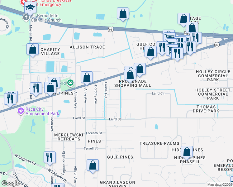 map of restaurants, bars, coffee shops, grocery stores, and more near 2212 Laurie Avenue in Panama City Beach