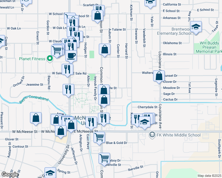 map of restaurants, bars, coffee shops, grocery stores, and more near 4204 Auburn Street in Lake Charles