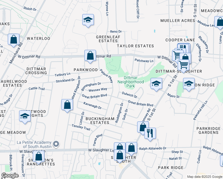 map of restaurants, bars, coffee shops, grocery stores, and more near 905 Wessex Way in Austin