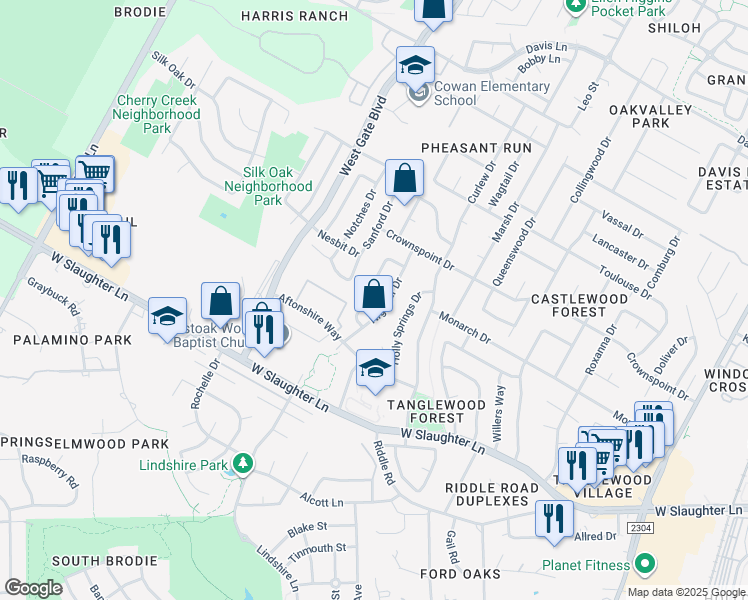 map of restaurants, bars, coffee shops, grocery stores, and more near 9706 Sugar Hill Drive in Austin