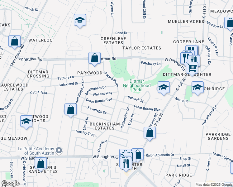 map of restaurants, bars, coffee shops, grocery stores, and more near 905 Wessex Way in Austin