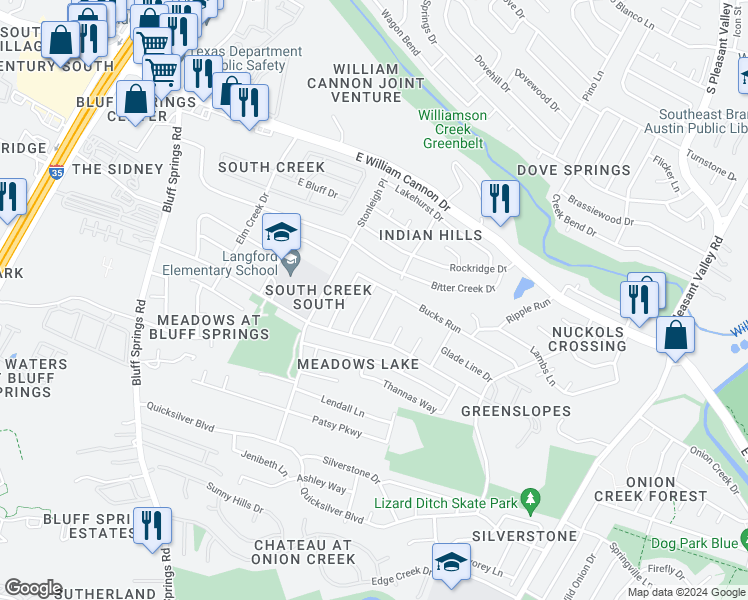 map of restaurants, bars, coffee shops, grocery stores, and more near 6803 Bitteroot Trail in Austin