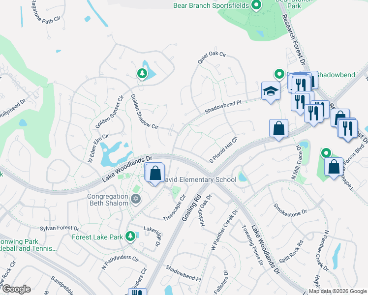 map of restaurants, bars, coffee shops, grocery stores, and more near 2 Mallard Glen Place in Spring