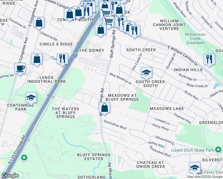 map of restaurants, bars, coffee shops, grocery stores, and more near 7203 Alegre Pass in Austin
