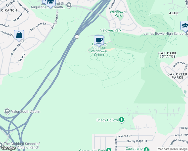 map of restaurants, bars, coffee shops, grocery stores, and more near Unnamed Road in Austin