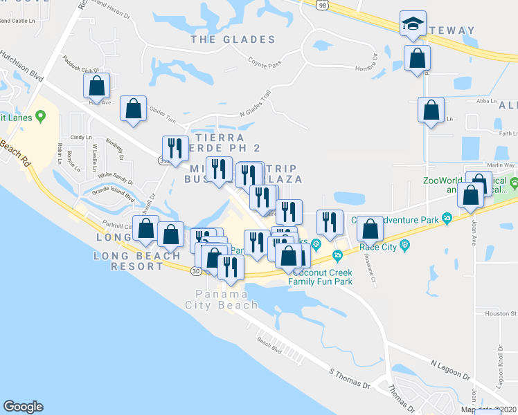 map of restaurants, bars, coffee shops, grocery stores, and more near 10200 Clarence Street in Panama City Beach