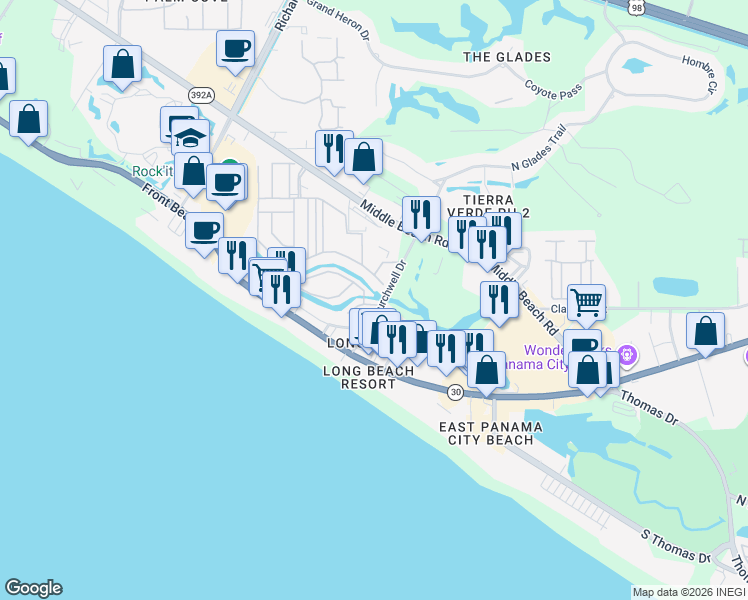 map of restaurants, bars, coffee shops, grocery stores, and more near 245 Saint Katherine Boulevard in Panama City Beach