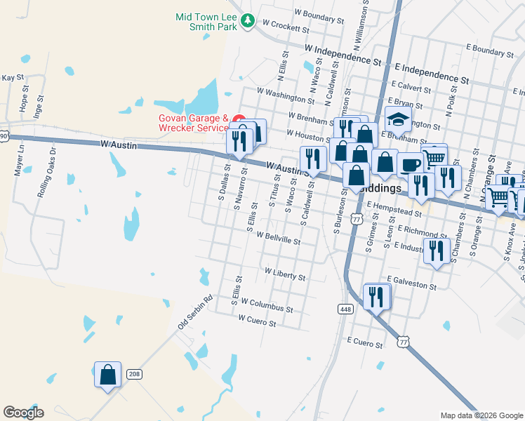 map of restaurants, bars, coffee shops, grocery stores, and more near 726 West Richmond Street in Giddings