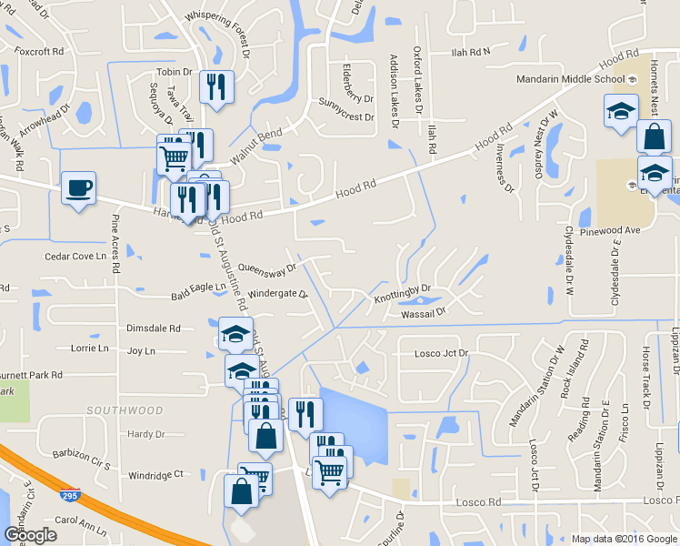 map of restaurants, bars, coffee shops, grocery stores, and more near 4459 Tyne Court in Jacksonville