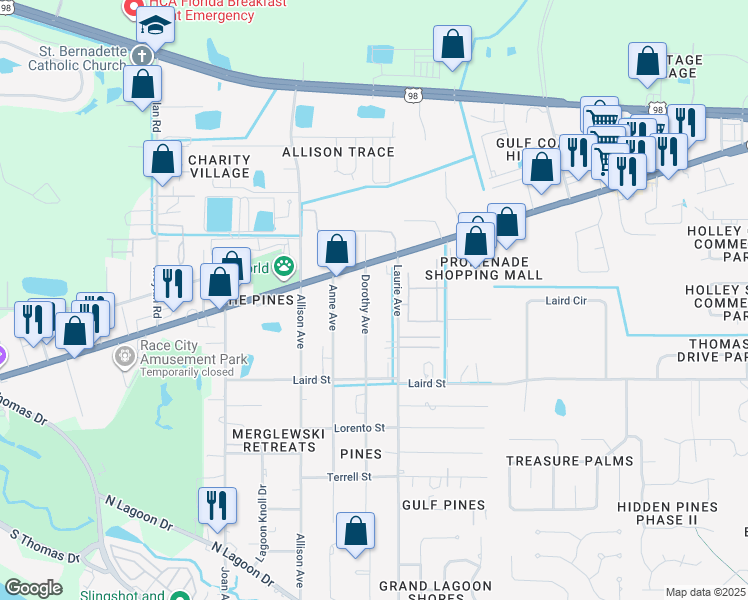 map of restaurants, bars, coffee shops, grocery stores, and more near 2020 Dorothy Avenue in Panama City Beach