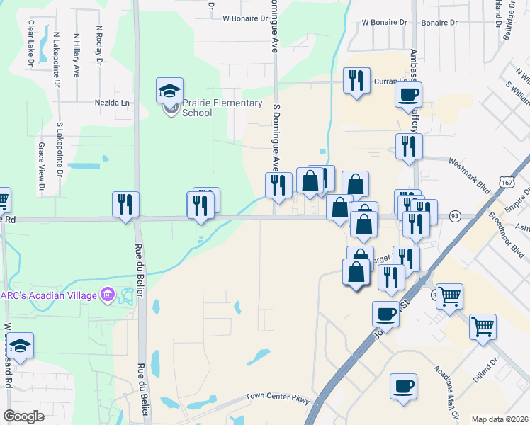 map of restaurants, bars, coffee shops, grocery stores, and more near 489-499 S Domingue Ave in Lafayette