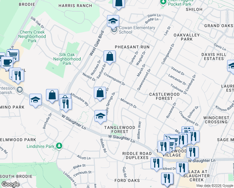 map of restaurants, bars, coffee shops, grocery stores, and more near 9601 Holly Springs Drive in Austin