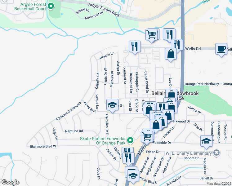map of restaurants, bars, coffee shops, grocery stores, and more near 806 Meadowbrook Drive in Orange Park