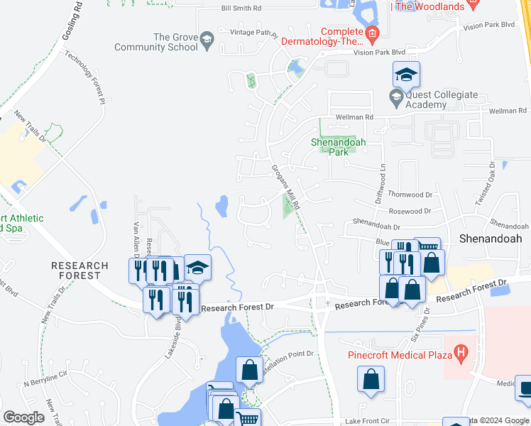 map of restaurants, bars, coffee shops, grocery stores, and more near 67 South Parkgate Circle in Shenandoah