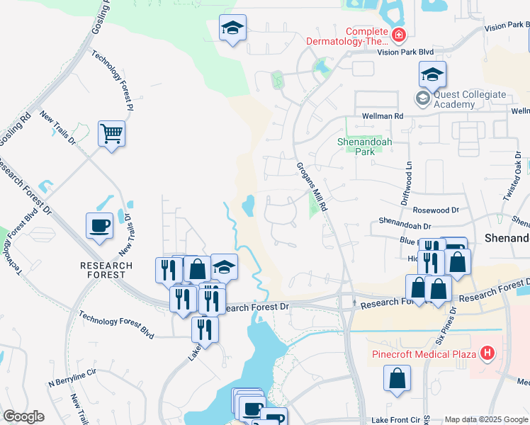 map of restaurants, bars, coffee shops, grocery stores, and more near 18 South Parkgate Circle in Spring