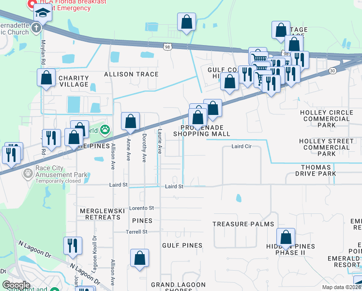 map of restaurants, bars, coffee shops, grocery stores, and more near 2105 Avensong Lane in Panama City Beach