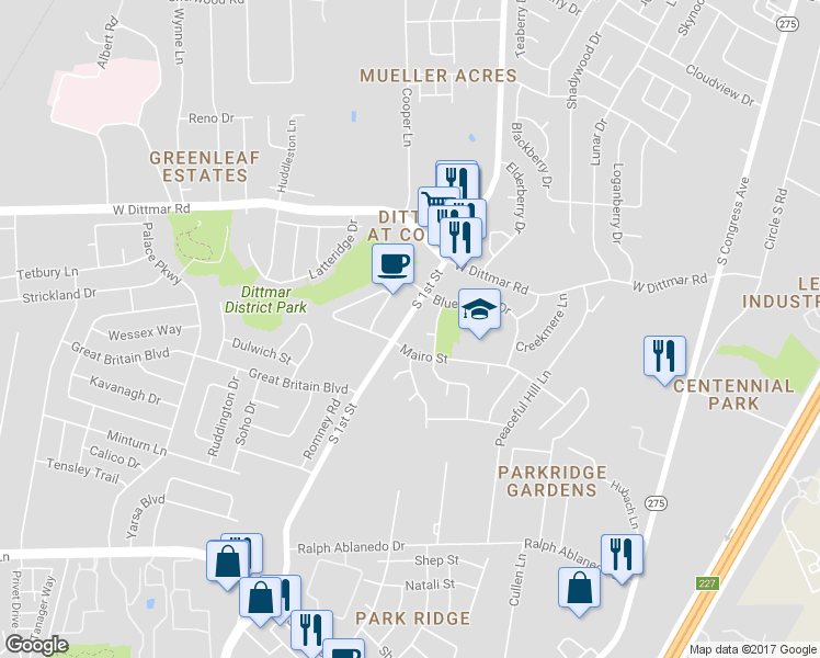 map of restaurants, bars, coffee shops, grocery stores, and more near 8103 South 1st Street in Austin