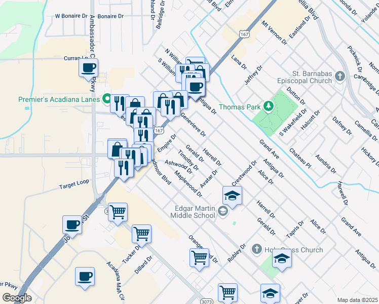 map of restaurants, bars, coffee shops, grocery stores, and more near 218 Gerald Drive in Lafayette