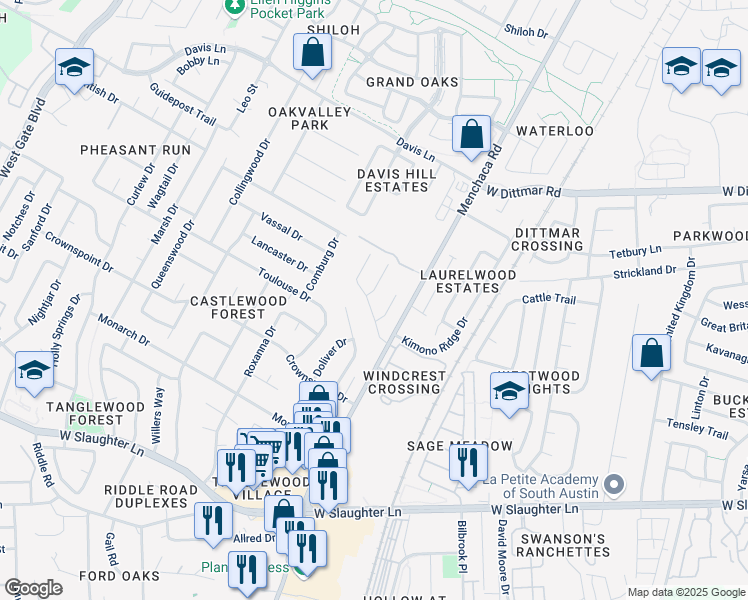 map of restaurants, bars, coffee shops, grocery stores, and more near 9107 Sedgemoor Trail in Austin