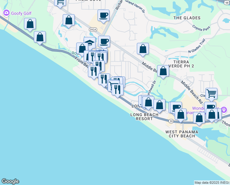 map of restaurants, bars, coffee shops, grocery stores, and more near 10996 Florida 30 in Panama City Beach