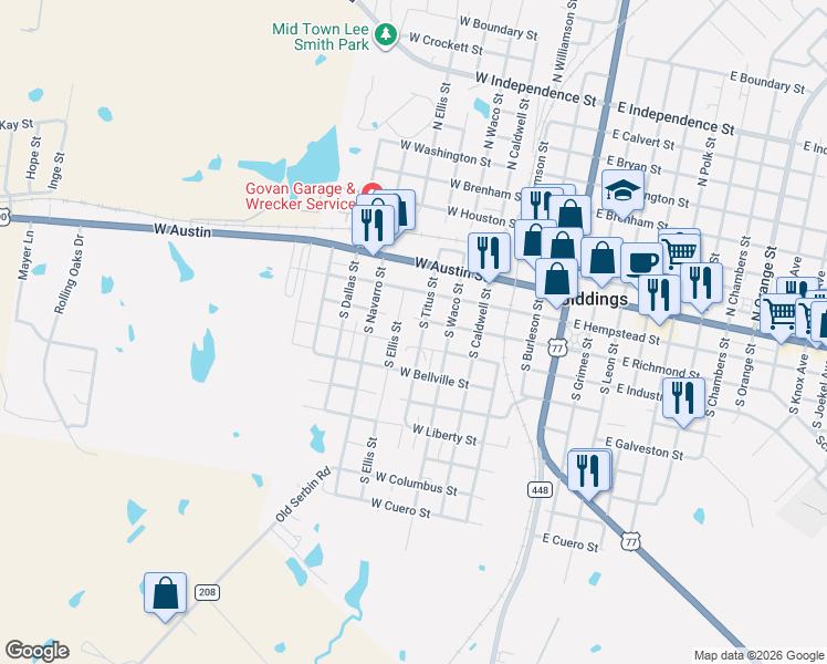 map of restaurants, bars, coffee shops, grocery stores, and more near 726 West Richmond Street in Giddings