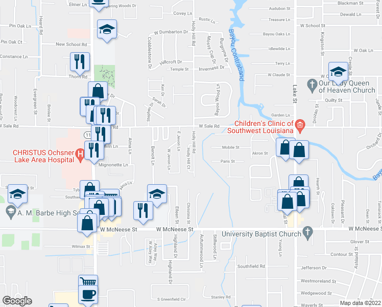 map of restaurants, bars, coffee shops, grocery stores, and more near 4231 Holly Hill Court in Lake Charles