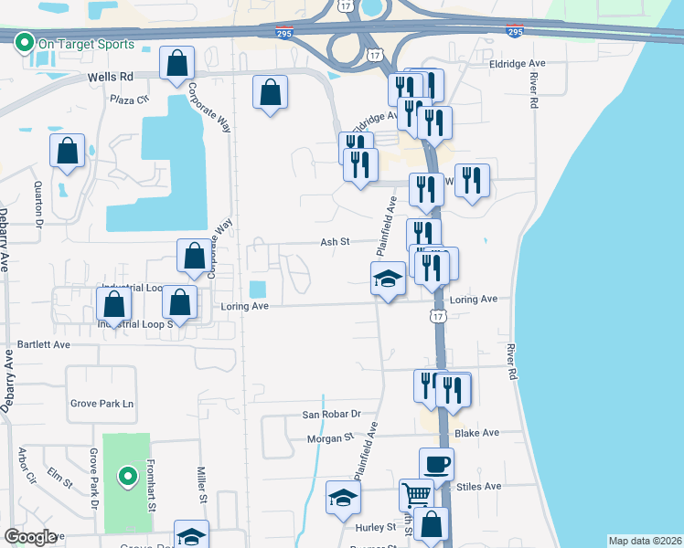 map of restaurants, bars, coffee shops, grocery stores, and more near 565 Loring Village Court in Orange Park