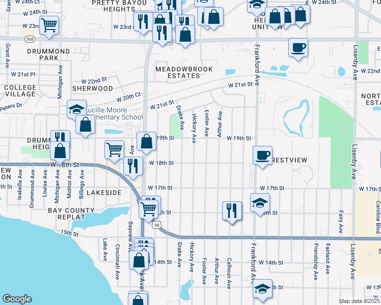 map of restaurants, bars, coffee shops, grocery stores, and more near 1804 Drake Avenue in Panama City