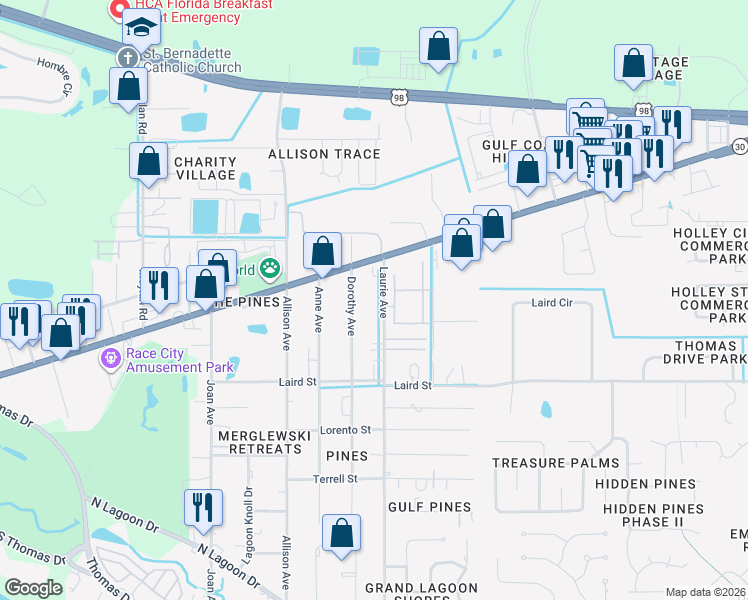 map of restaurants, bars, coffee shops, grocery stores, and more near 2020 Dorothy Avenue in Panama City Beach