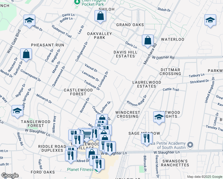 map of restaurants, bars, coffee shops, grocery stores, and more near 9200 Kempler Drive in Austin