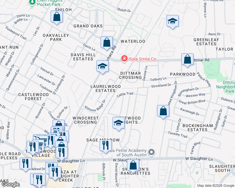 map of restaurants, bars, coffee shops, grocery stores, and more near 1606 Cattle Trail in Austin