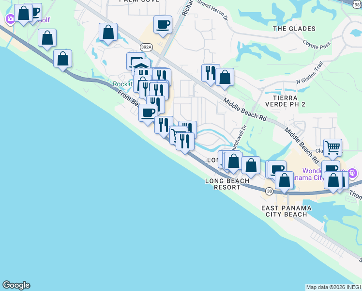 map of restaurants, bars, coffee shops, grocery stores, and more near 10996 Florida 30 in Panama City Beach
