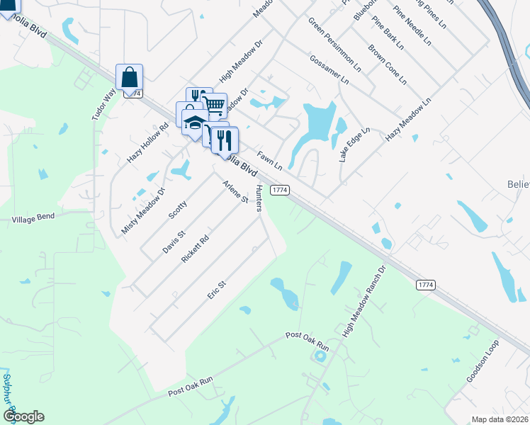 map of restaurants, bars, coffee shops, grocery stores, and more near 36922 Russell Street in Magnolia
