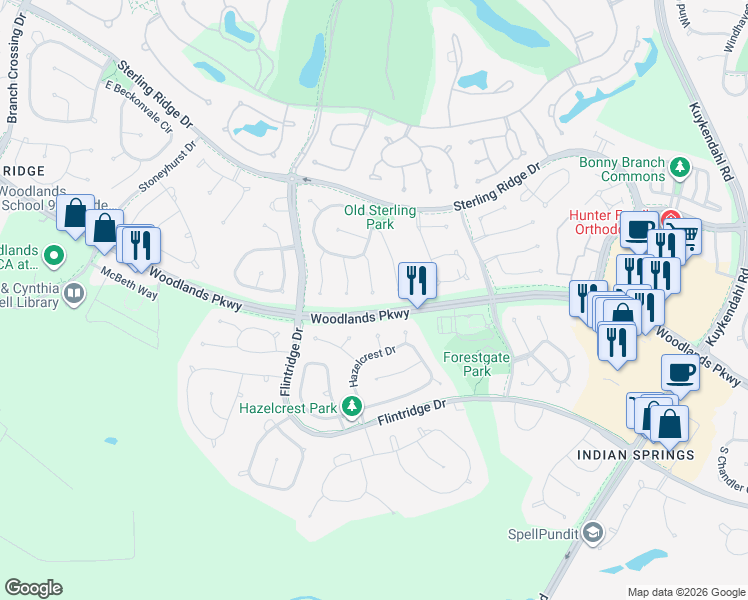 map of restaurants, bars, coffee shops, grocery stores, and more near 2 Stanwick Place in Spring