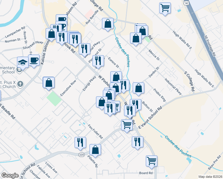 map of restaurants, bars, coffee shops, grocery stores, and more near 2404 West Pinhook Road in Lafayette