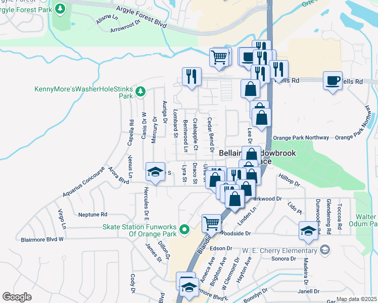 map of restaurants, bars, coffee shops, grocery stores, and more near 475 Crabapple Court in Orange Park