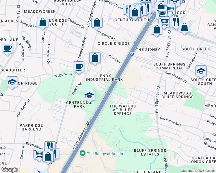 map of restaurants, bars, coffee shops, grocery stores, and more near 7420 South Interstate 35 Frontage Road in Austin