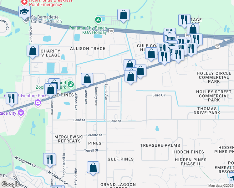 map of restaurants, bars, coffee shops, grocery stores, and more near 2104 Avensong Lane in Panama City