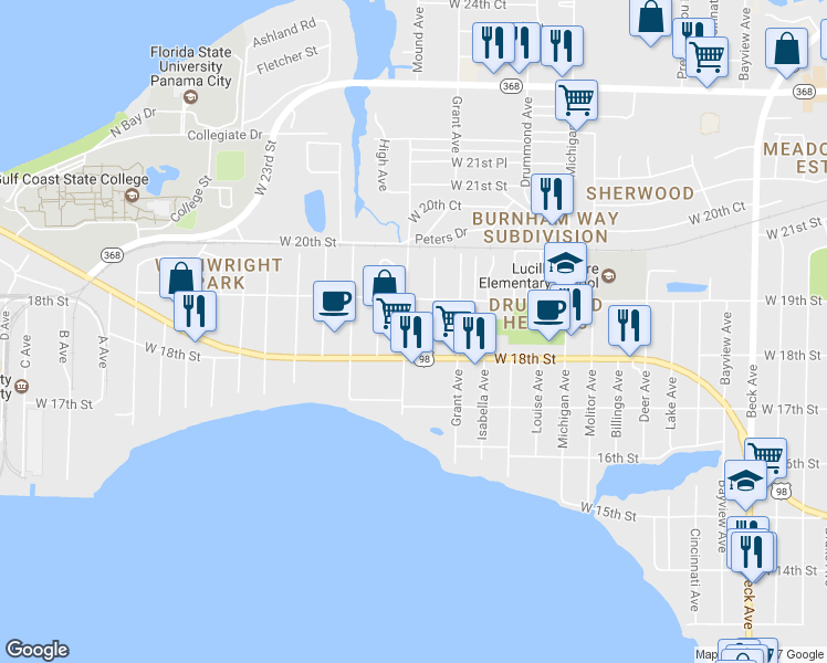 map of restaurants, bars, coffee shops, grocery stores, and more near 1808 Mound Ave in Panama City