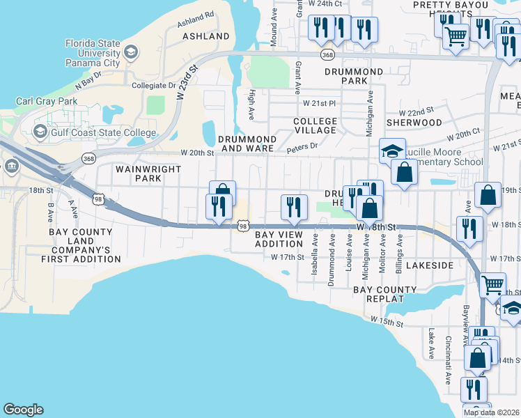 map of restaurants, bars, coffee shops, grocery stores, and more near 1808 Mound Ave in Panama City