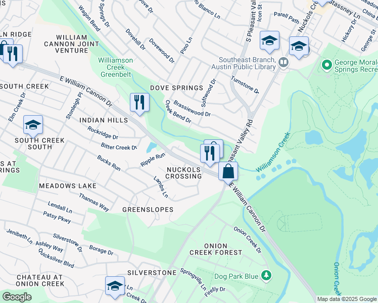 map of restaurants, bars, coffee shops, grocery stores, and more near 4808 Brushy Ridge Drive in Austin
