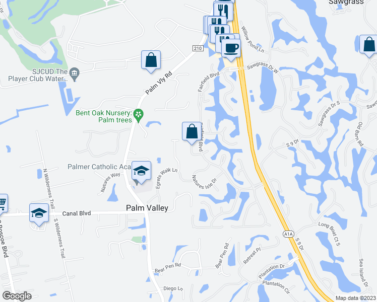 map of restaurants, bars, coffee shops, grocery stores, and more near 117 Glen Eagles Court in Ponte Vedra Beach