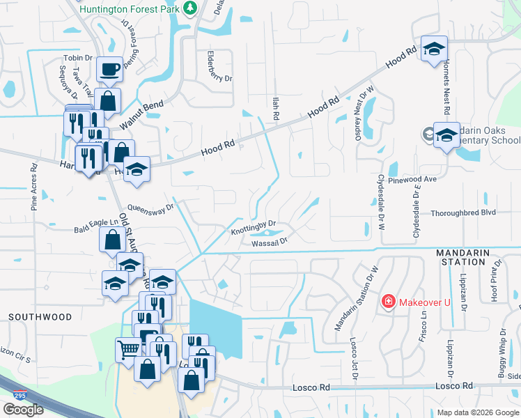 map of restaurants, bars, coffee shops, grocery stores, and more near 10739 Hearthstone Drive in Jacksonville