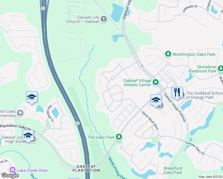 map of restaurants, bars, coffee shops, grocery stores, and more near 4123 Pebble Brooke Circle South in Orange Park