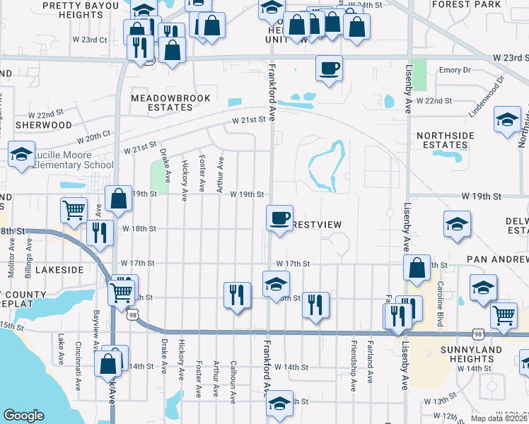 map of restaurants, bars, coffee shops, grocery stores, and more near 1823 Frankford Avenue in Panama City