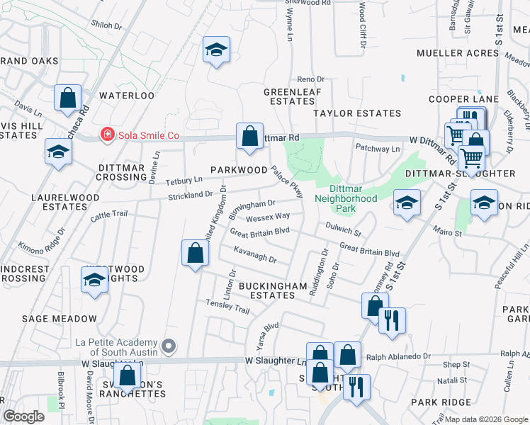 map of restaurants, bars, coffee shops, grocery stores, and more near 1000 Wessex Way in Austin
