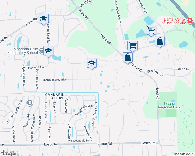 map of restaurants, bars, coffee shops, grocery stores, and more near 5366 Thoroughbred Boulevard in Jacksonville