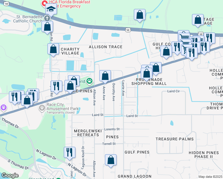 map of restaurants, bars, coffee shops, grocery stores, and more near 2020 Dorothy Avenue in Panama City Beach